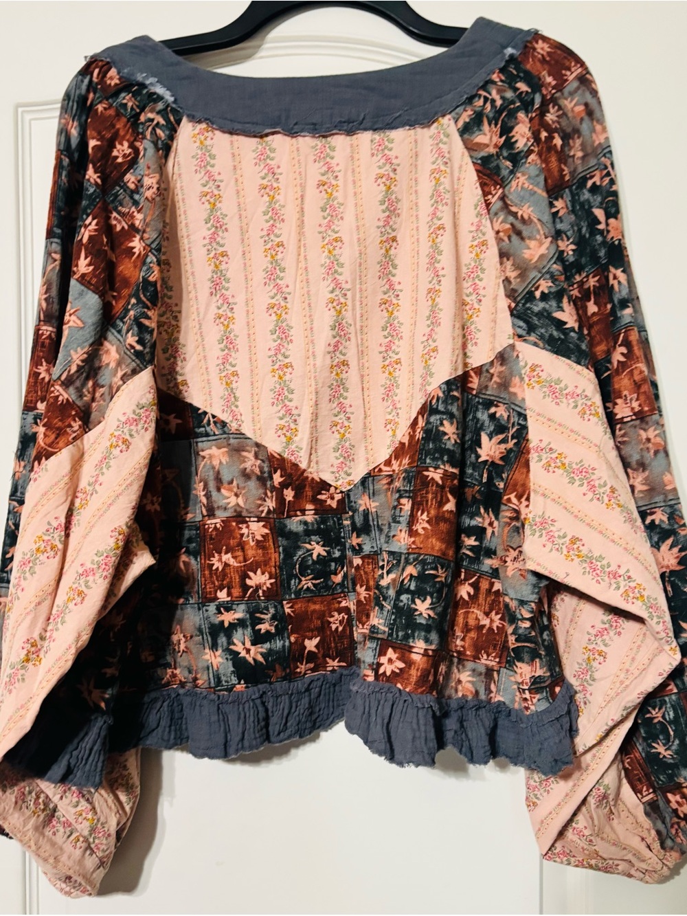 POL Boho Patchwork Lace-Up Peasant Top in Rust, Dusty Blue, Blush - Picture 3 of 7